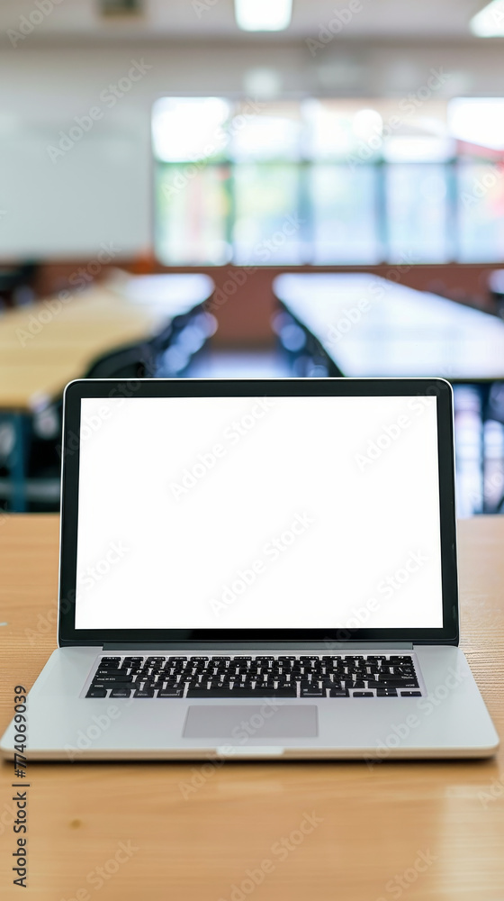 Laptop with Blank Screen on School Desk in Classroom Setting Laptop with Blank Screen on School Desk in Classroom Setting