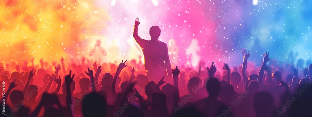 A silhouette group of crowd people at the concert with the colorful stage light, illustration.