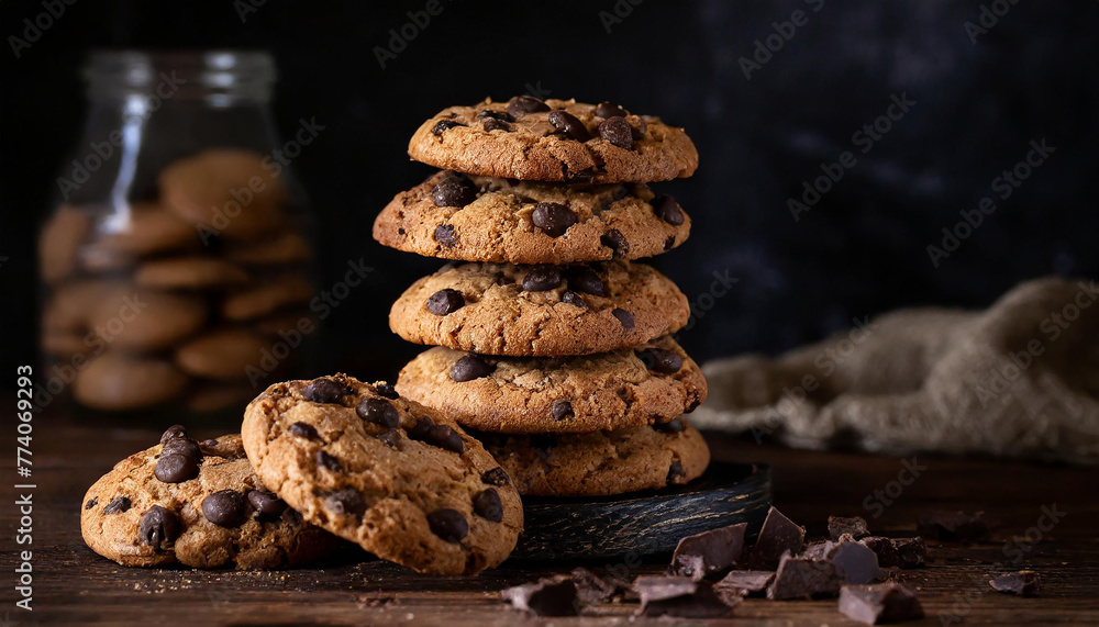 Stack of cookies with chocolate chips on wooden table. Delicious treat. Tasty sweet food. Stack of cookies with chocolate chips on wooden table. Delicious treat. Tasty sweet food.
