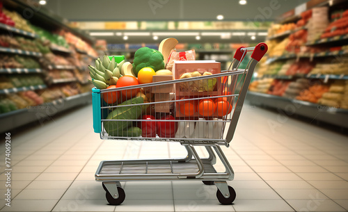 Shopping basket full of products for daily needs in supermarket. Generative AI