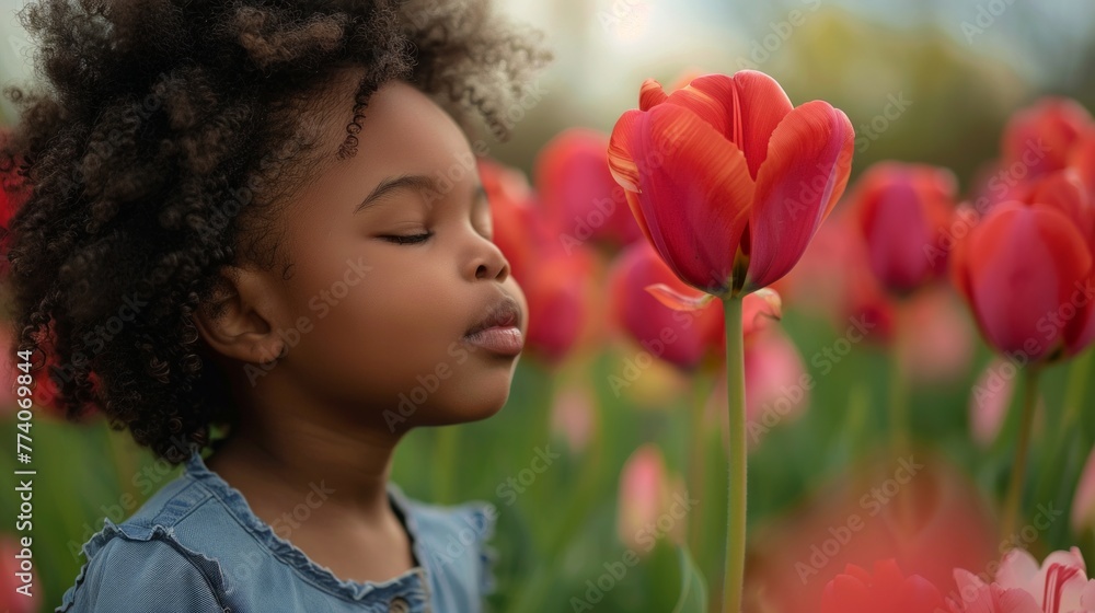 Naklejka premium Little african american girl in park sniffs flower tulip