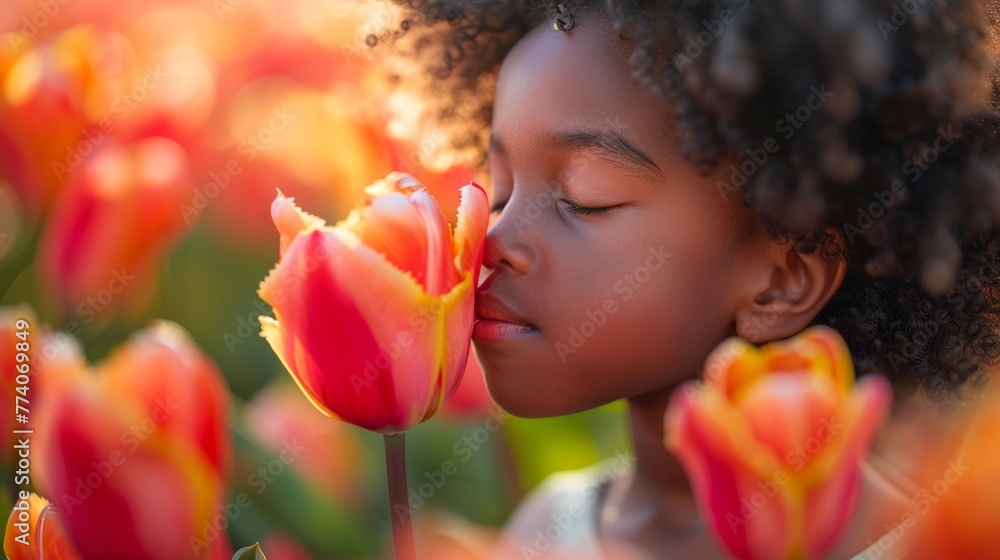 Little african american girl in park sniffs flower tulip Little african american girl in park sniffs flower tulip