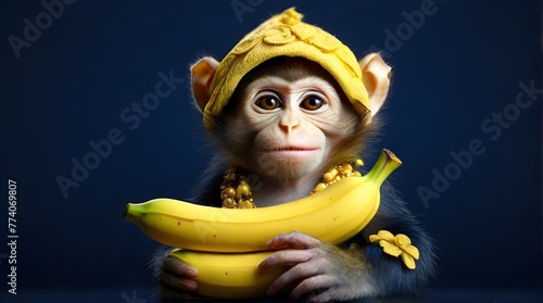 cute monkey with banana-Banana Chic: A High-Resolution Portrait of a Adorable Monkey in a Yellow Hat, Grasping a Studio-Lit Banana Against a Deep Blue Background - Captured in Stunning 8K Detail
