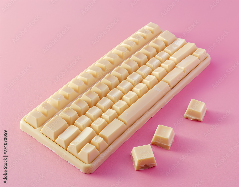 Creative computer keyboard made of white chocolate bars on pink background. Minimalist food concept. Creative computer keyboard made of white chocolate bars on pink background. Minimalist food concept.