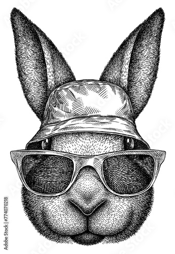 Vintage engraving isolated rabbit glasses dressed fashion set illustration hare ink sketch. Easter bunny background jackrabbit silhouette sunglasses hipster hat art. Black and white hand draw image