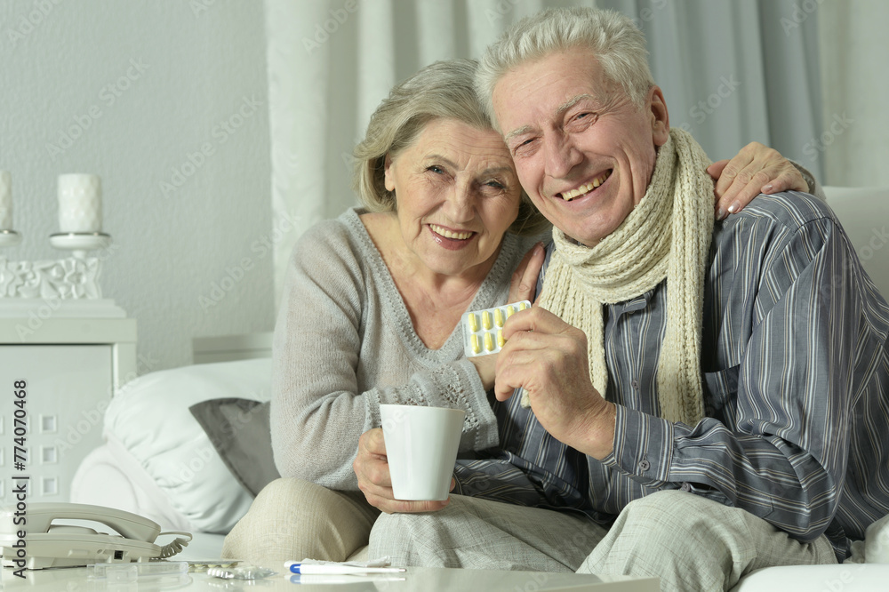 Portrait of elderly man and woman with flu. Portrait of elderly man and woman with flu.