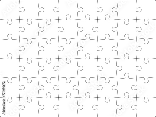 Puzzles grid template 10x6. Jigsaw puzzle pieces, thinking game and jigsaws detail frame design. Business assemble metaphor or puzzles game challenge vector.