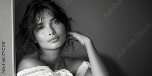 Portrait studio noir et blanc d'une femme de 40 ans adossée à un mur, romantique et glamour avec de beaux yeux et beaucoup de charme photo