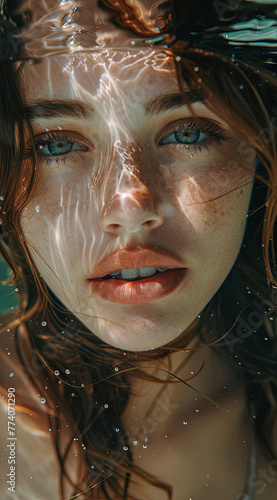 Close-up of a young woman's face partially submerged in clear blue water, with water droplets around her. 