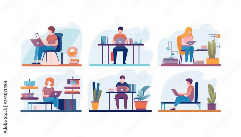 A teacher is teaching a class on a large monitor. Cute students are studying around the monitor. flat design style illustration.