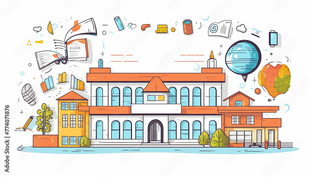 Back to school concept, front view of school building with suplies