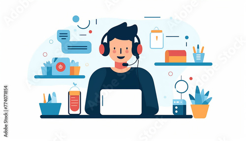 Customer service. Woman/man with headphones and microphone with laptop. Concept illustration for support, assistance, call center. illustration in flat style