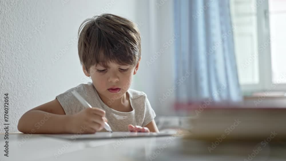 Youngster at His Study Table, Practicing Penmanship in His Room Youngster at His Study Table, Practicing Penmanship in His Room