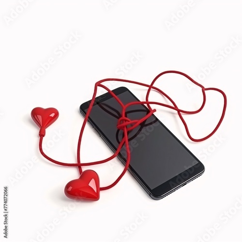 Smartphone with a red heart connected to a string on a white background