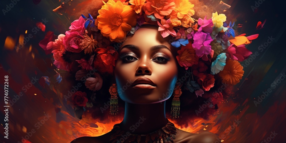 Captivating African woman with a bouquet of wildflowers, her spirit as free and untamed as the blossoms she holds.