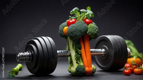 Dumbbells next to food, healthy eating and sports concept