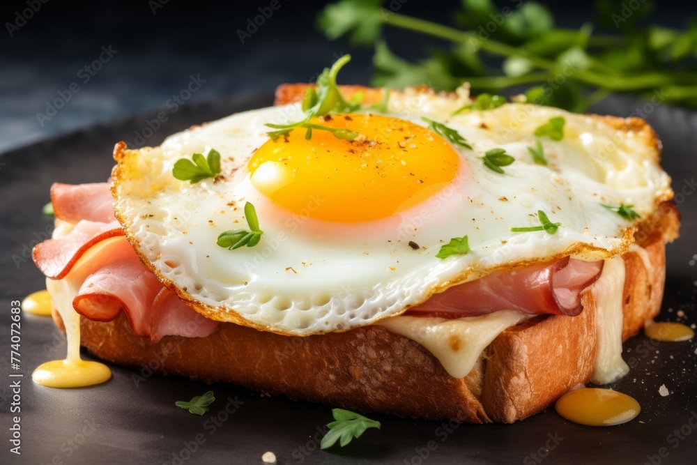Sandwich with fried eggs and ham on dark stone table, food concept. Generative Ai. Sandwich with fried eggs and ham on dark stone table, food concept. Generative Ai.