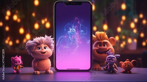 Mobile phone with funny monsters on the background of luminous garlands photo