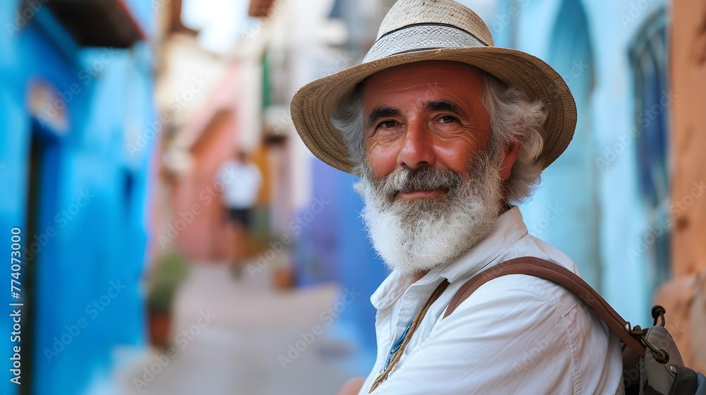 Male tourist smiling carrying a backpack traveling in tourist attractions, travel around the world concept.