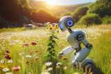 AI Robot looking studying daisy flower in meadow. Nature preserve, ecology, ecosystem, research, conservation, harmony concept.