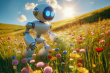 AI Robot looking studying flower in meadow. Nature preserve, ecology, ecosystem, research, conservation, harmony concept.
