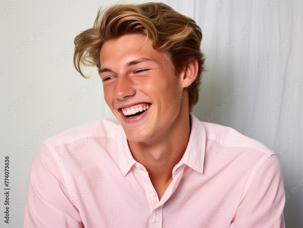 A man with a bright color shirt is smiling and laughing A man with a bright color shirt is smiling and laughing