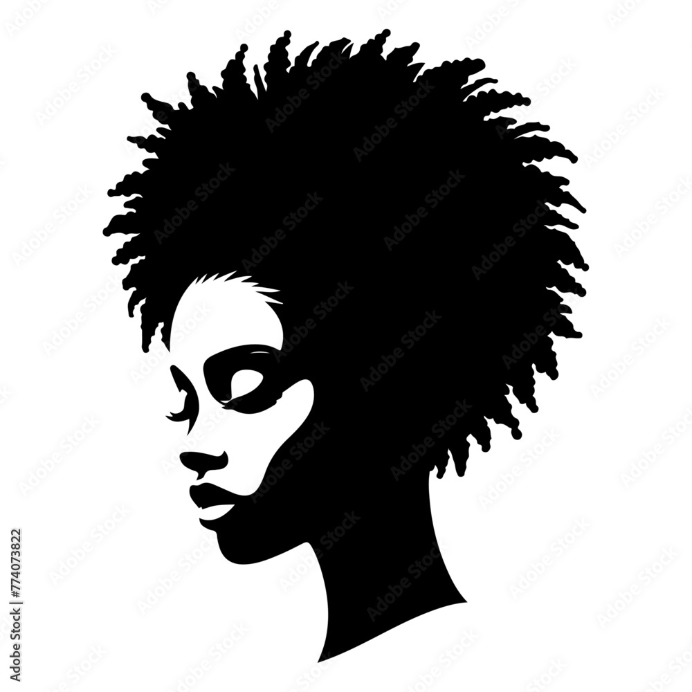 a african woman face vector silhouette hair style, vector black color silhouette, white background
