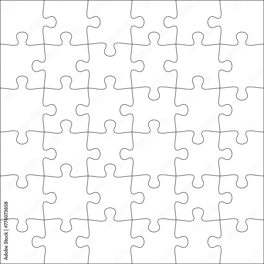 Puzzles grid template. Jigsaw puzzle pieces, thinking game and jigsaws detail frame design. Business assemble metaphor or puzzles game challenge vector.