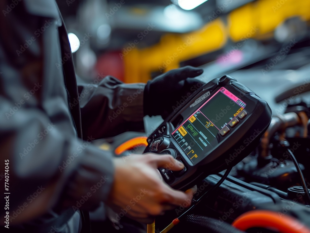 A technician using a diagnostic scanner to check for engine codes