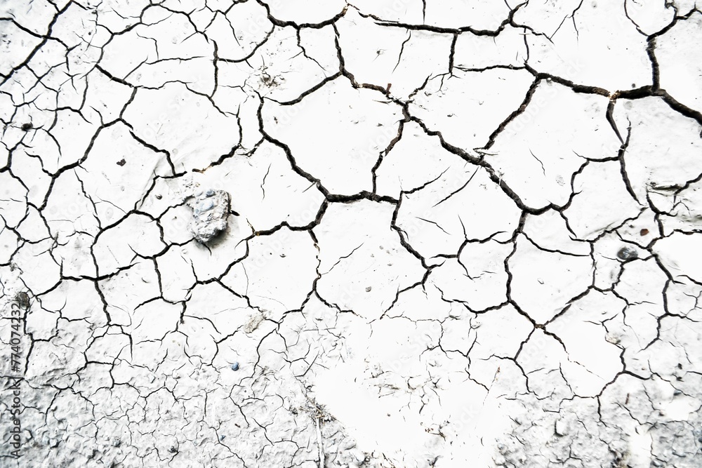 Top view of a cracked ground of an arid land shot in grayscale