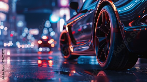 Close-up of the wheels and tires of a black car on the road, against the background of blurred night city streets and other cars
