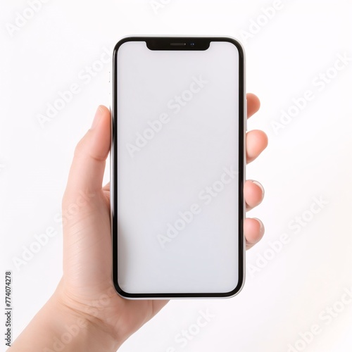 Female hand holding smartphone with blank screen on white background, closeup