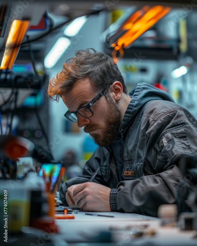 The technician carefully examines the integrity of the internal elements of the smartphone in a modern repair shop © PaulShlykov