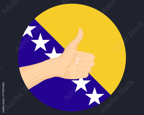 Hand approve sign with Bosnia flag, thumb up, approval or vote concept