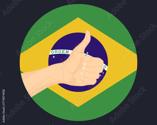 Hand approve sign with Brazil flag, thumb up, approval or vote concept