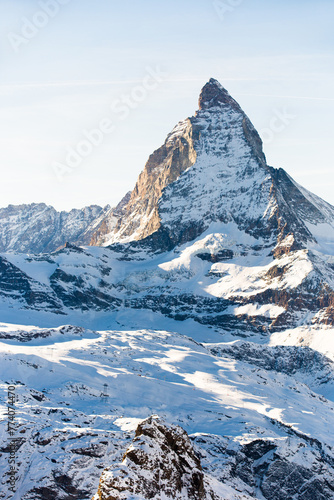 Winter mountain landscape. Snowy mountain Matterhorn during the day in winter. Zermatt, swiss alps