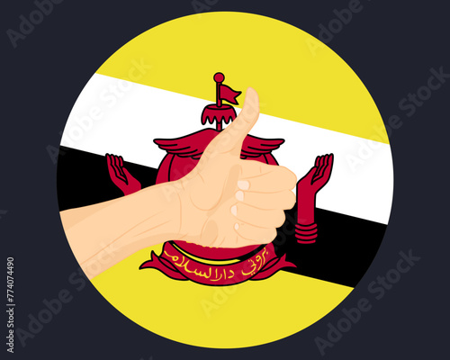 Hand approve sign with Brunei flag, thumb up, approval or vote concept