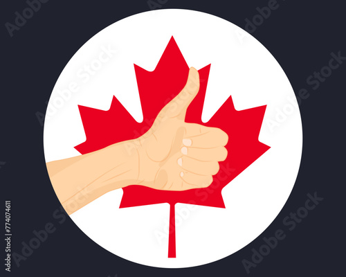 Hand approve sign with Canada flag, thumb up, approval or vote concept