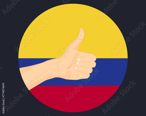 Hand approve sign with Colombia flag, thumb up, approval or vote concept