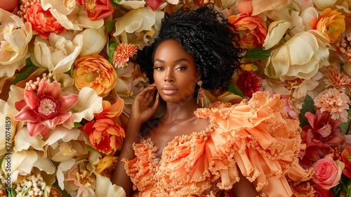 Elegant African American Woman in Orange Ruffled Dress Lying Amongst Vibrant Multicolored Floral Backdrop