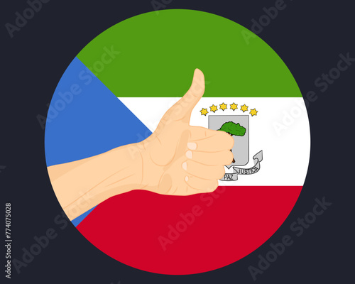 Hand approve sign with Equatorial Guinea flag, thumb up, approval or vote concept