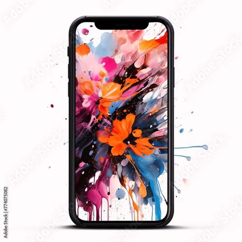 Smartphone with abstract colorful splash on white background. Vector illustration.