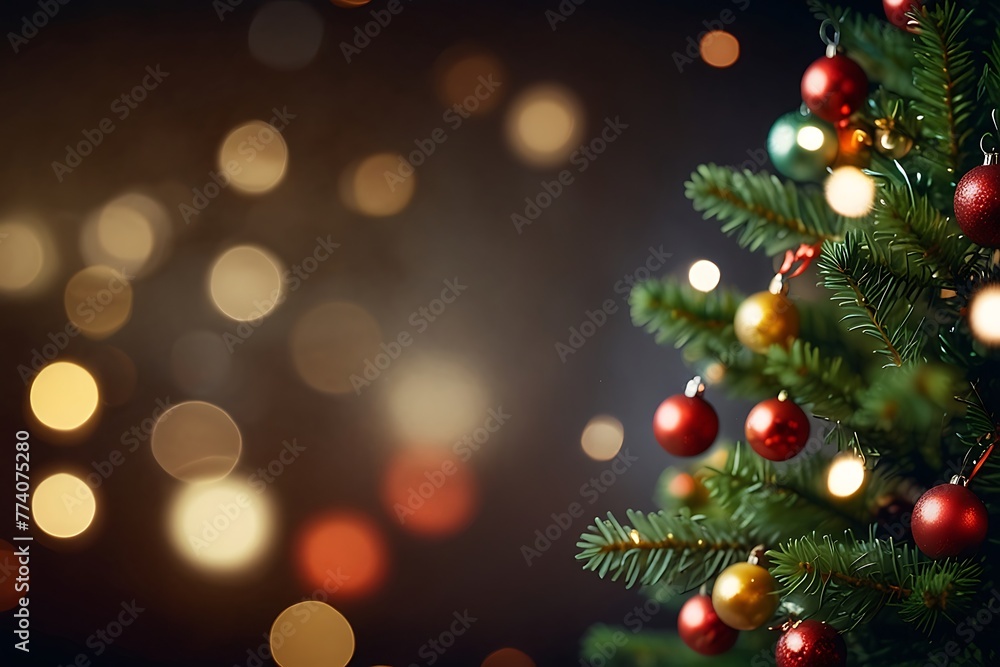 Christmas tree with lights bokeh background, vintage color tone.