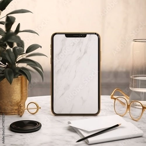 Smartphone mockup with blank screen table. 3d render photo