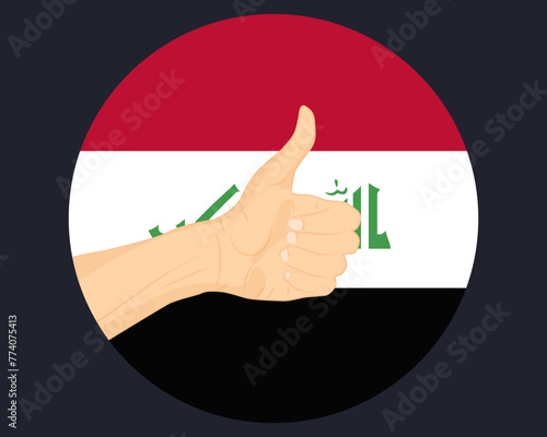 Hand approve sign with Iraq flag, thumb up, approval or vote concept