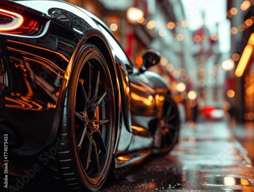 A close-up of a sleek sports car with custom rims parked on a city street © CG Design