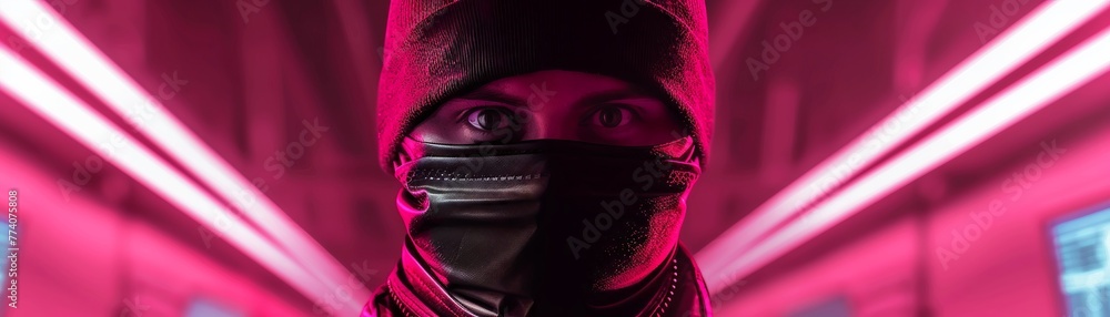 A hacker with a balaclava surrounded by screens showing confidential data A hacker with a balaclava surrounded by screens showing confidential data