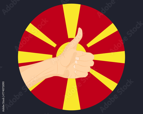 Hand approve sign with Macedonia flag, thumb up, approval or vote concept