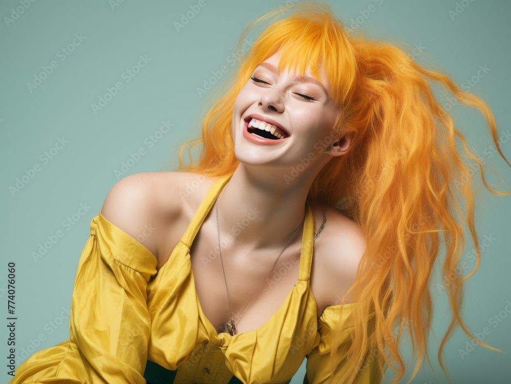 A woman with orange hair is smiling and laughing
