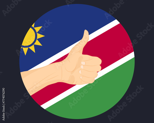 Hand approve sign with Namibia flag, thumb up, approval or vote concept